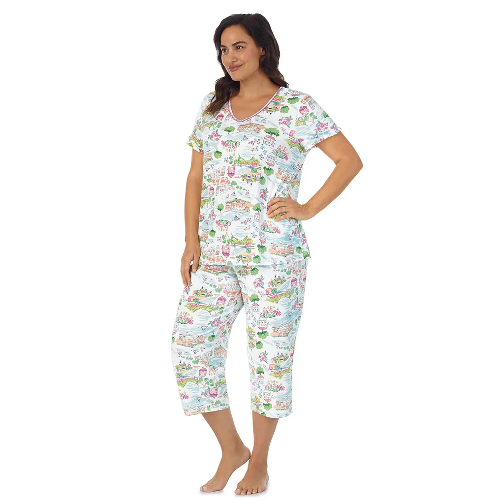 Cotton-Blend Short Sleeve Top with Cropped Pant 2-Pc Pajama Set PLUS