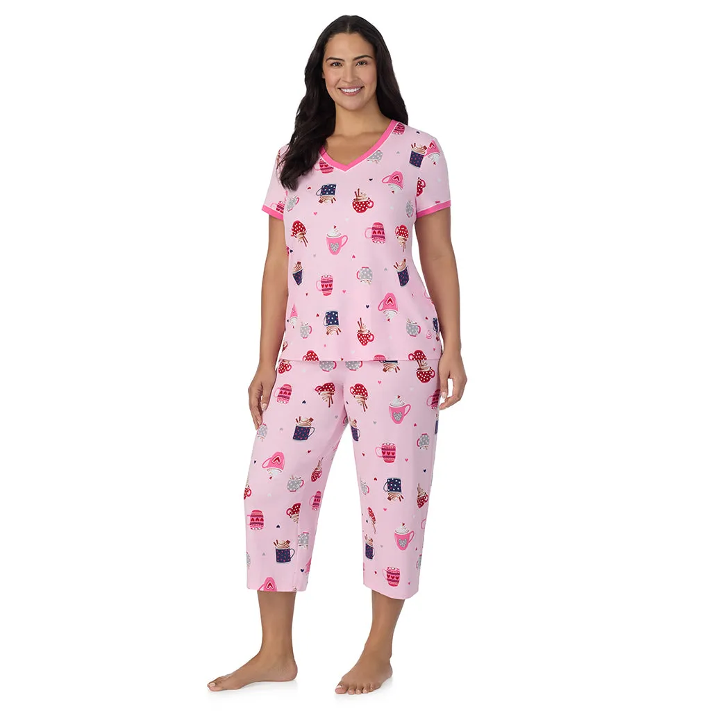 Cotton-Blend Short Sleeve Top with Cropped Pant 2-Pc Pajama Set PLUS