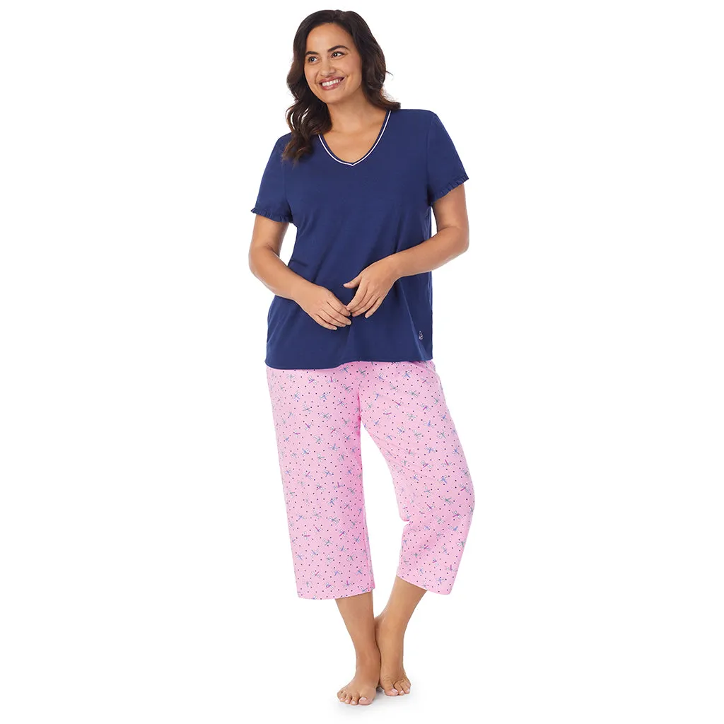 Cotton-Blend Short Sleeve Top with Cropped Pant 2-Pc Pajama Set PLUS