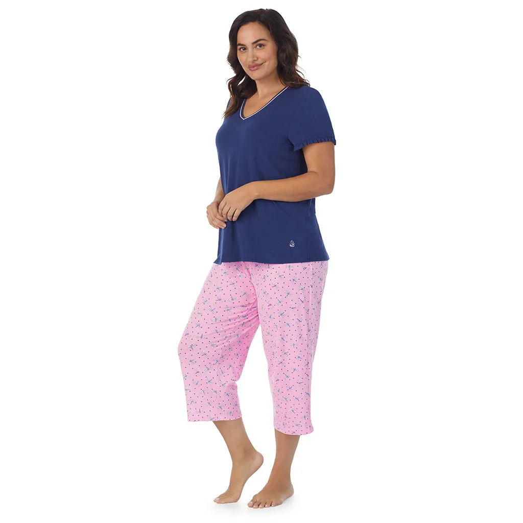 Cotton-Blend Short Sleeve Top with Cropped Pant 2-Pc Pajama Set PLUS