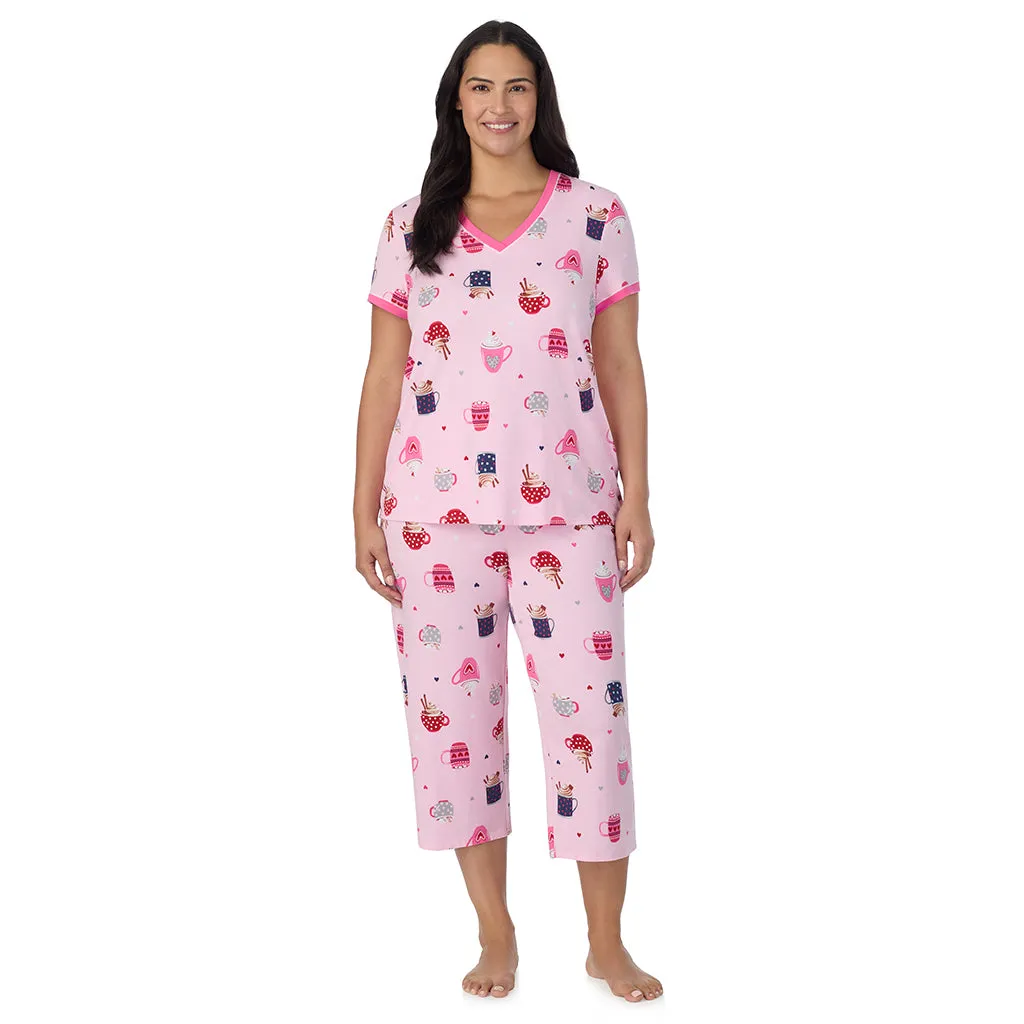 Cotton-Blend Short Sleeve Top with Cropped Pant 2-Pc Pajama Set PLUS