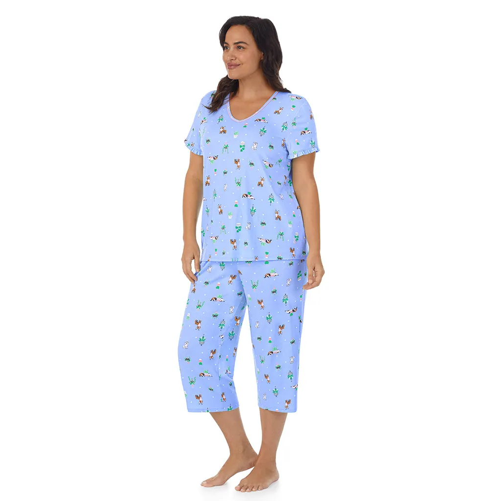 Cotton-Blend Short Sleeve Top with Cropped Pant 2-Pc Pajama Set PLUS