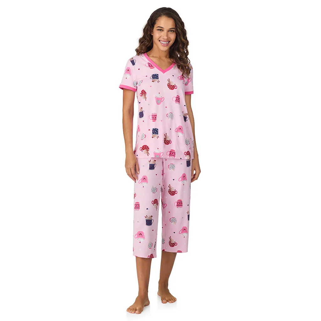 Cotton-Blend Short Sleeve Top with Cropped Pant 2-Pc Pajama Set