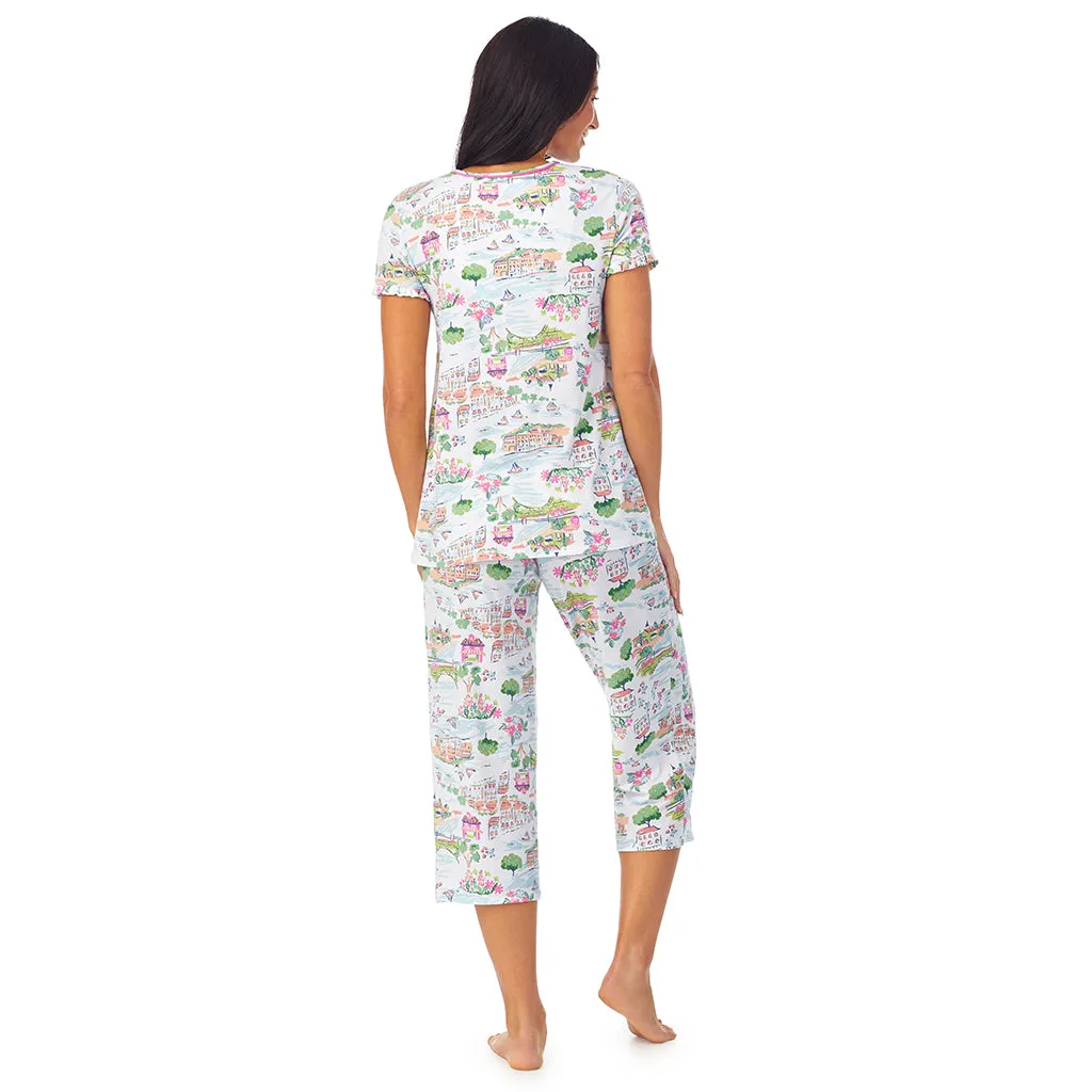 Cotton-Blend Short Sleeve Top with Cropped Pant 2-Pc Pajama Set