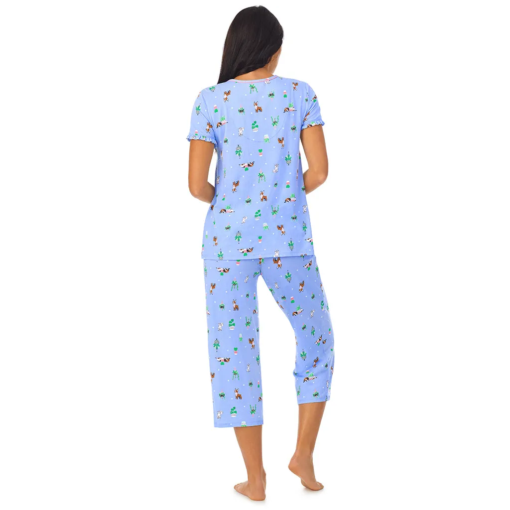 Cotton-Blend Short Sleeve Top with Cropped Pant 2-Pc Pajama Set