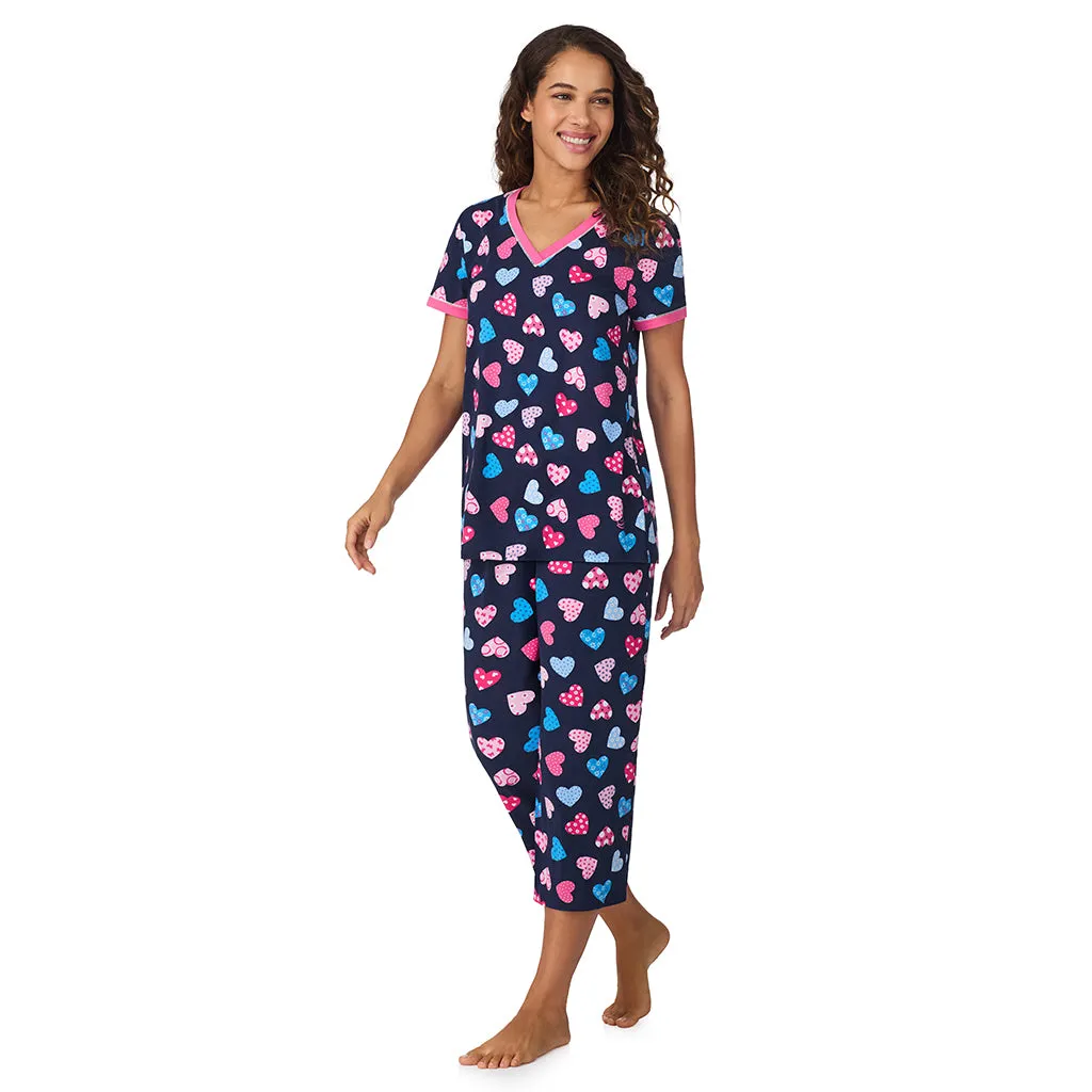 Cotton-Blend Short Sleeve Top with Cropped Pant 2-Pc Pajama Set