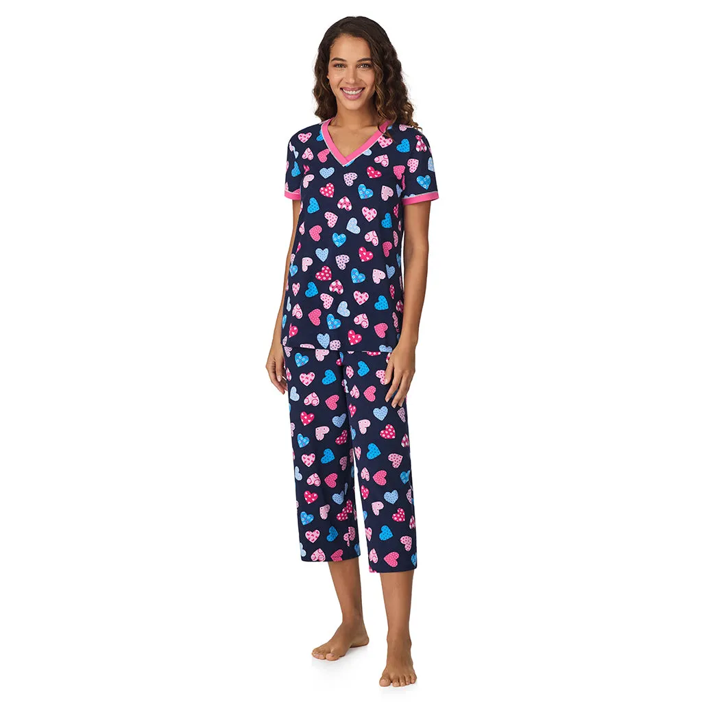 Cotton-Blend Short Sleeve Top with Cropped Pant 2-Pc Pajama Set