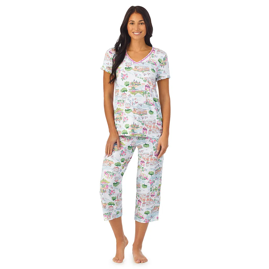 Cotton-Blend Short Sleeve Top with Cropped Pant 2-Pc Pajama Set