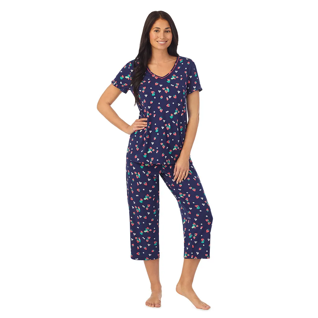 Cotton-Blend Short Sleeve Top with Cropped Pant 2-Pc Pajama Set