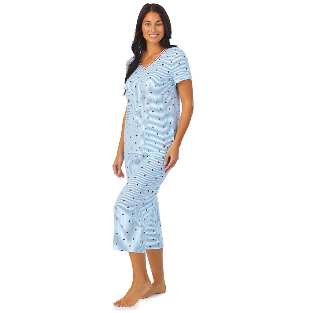 Cotton-Blend Short Sleeve Top with Cropped Pant 2-Pc Pajama Set