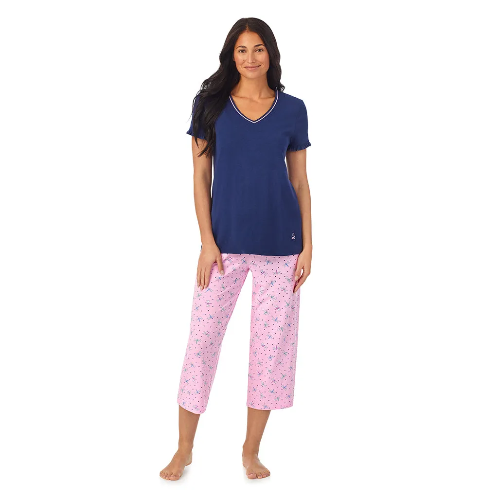 Cotton-Blend Short Sleeve Top with Cropped Pant 2-Pc Pajama Set