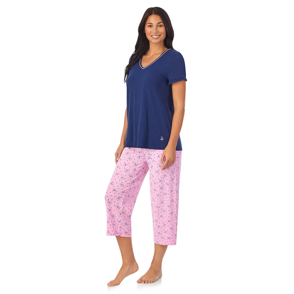 Cotton-Blend Short Sleeve Top with Cropped Pant 2-Pc Pajama Set