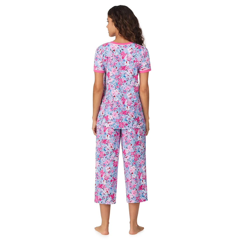 Cotton-Blend Short Sleeve Top with Cropped Pant 2-Pc Pajama Set