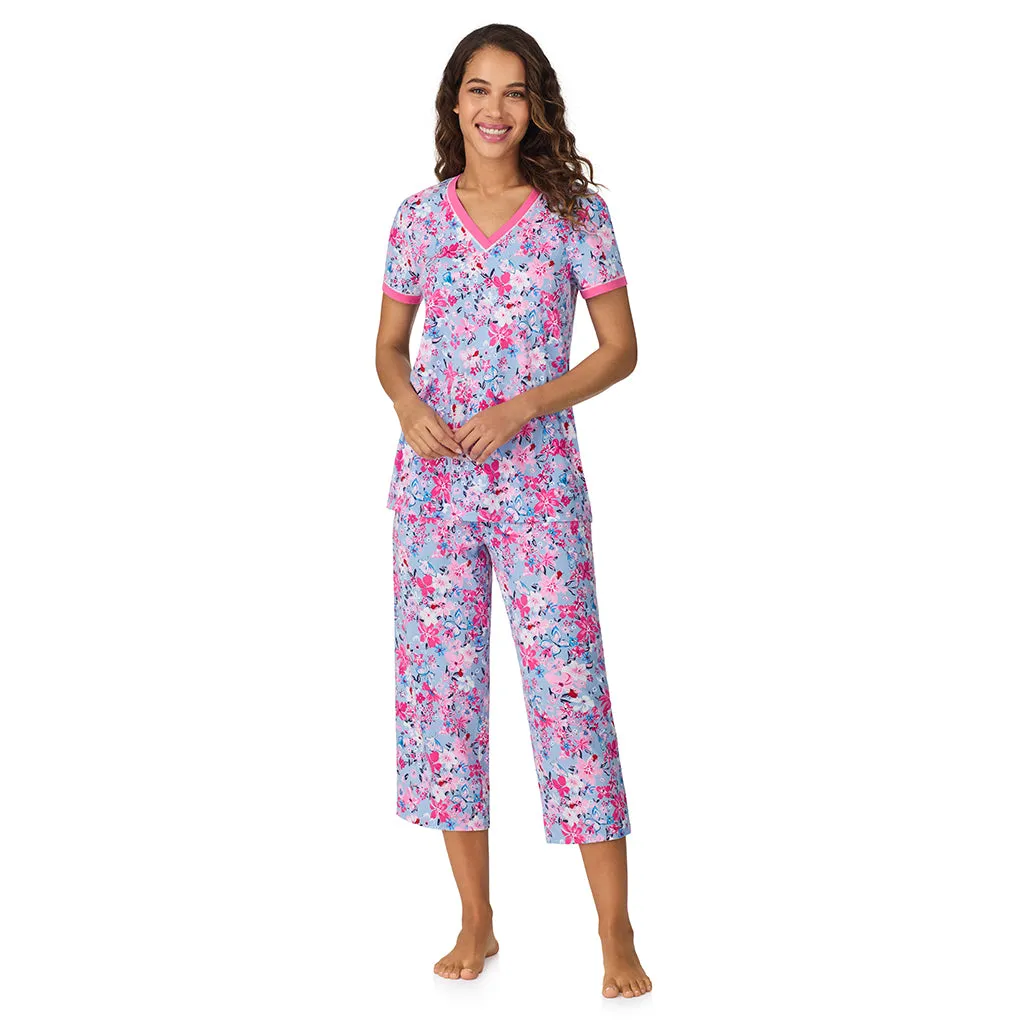 Cotton-Blend Short Sleeve Top with Cropped Pant 2-Pc Pajama Set