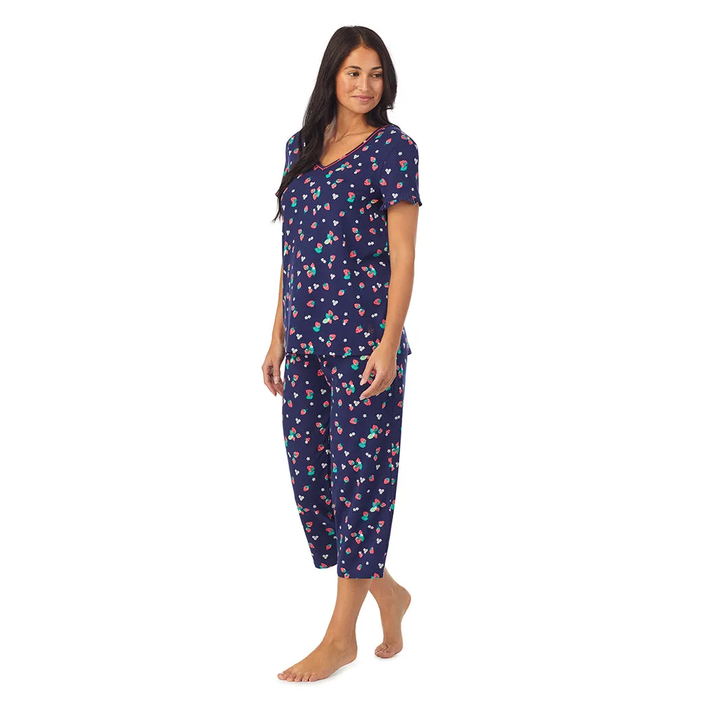 Cotton-Blend Short Sleeve Top with Cropped Pant 2-Pc Pajama Set