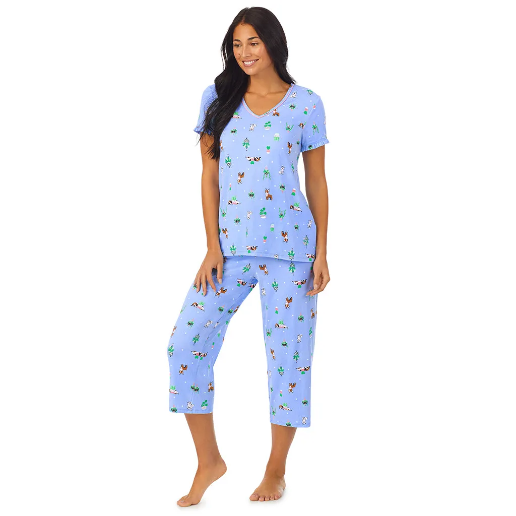 Cotton-Blend Short Sleeve Top with Cropped Pant 2-Pc Pajama Set