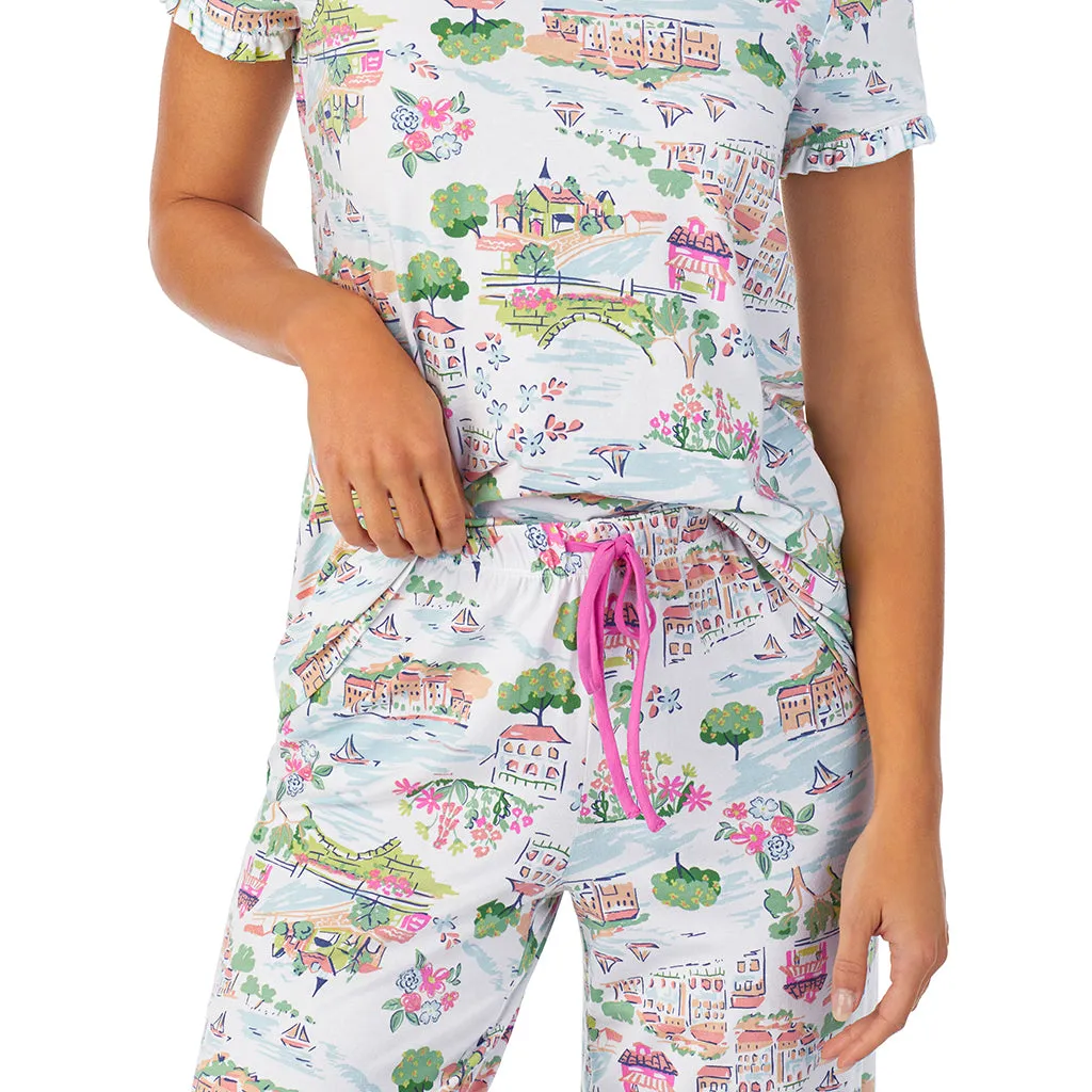 Cotton-Blend Short Sleeve Top with Cropped Pant 2-Pc Pajama Set