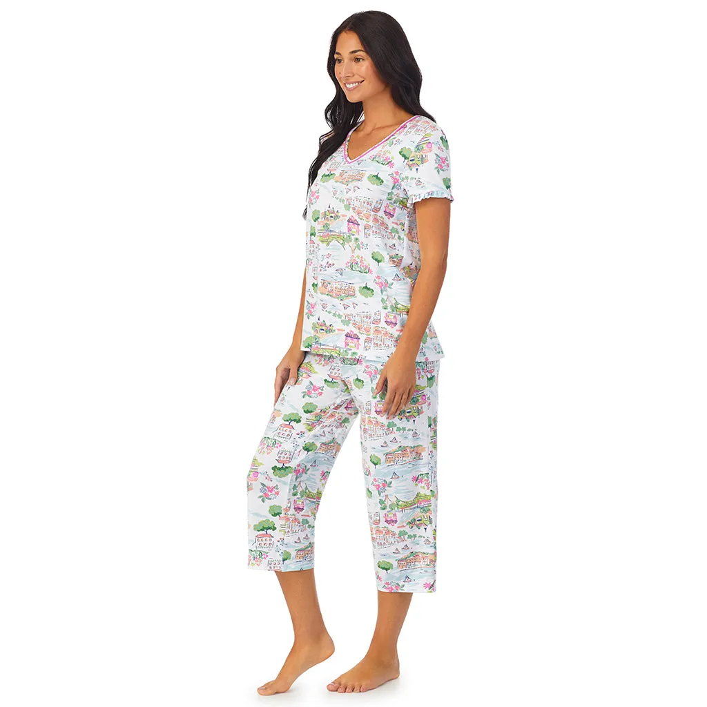 Cotton-Blend Short Sleeve Top with Cropped Pant 2-Pc Pajama Set