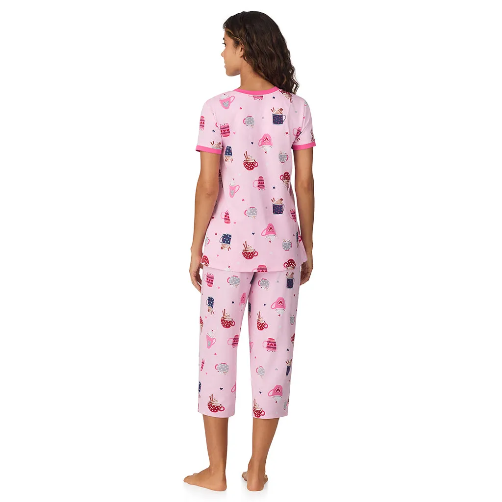 Cotton-Blend Short Sleeve Top with Cropped Pant 2-Pc Pajama Set