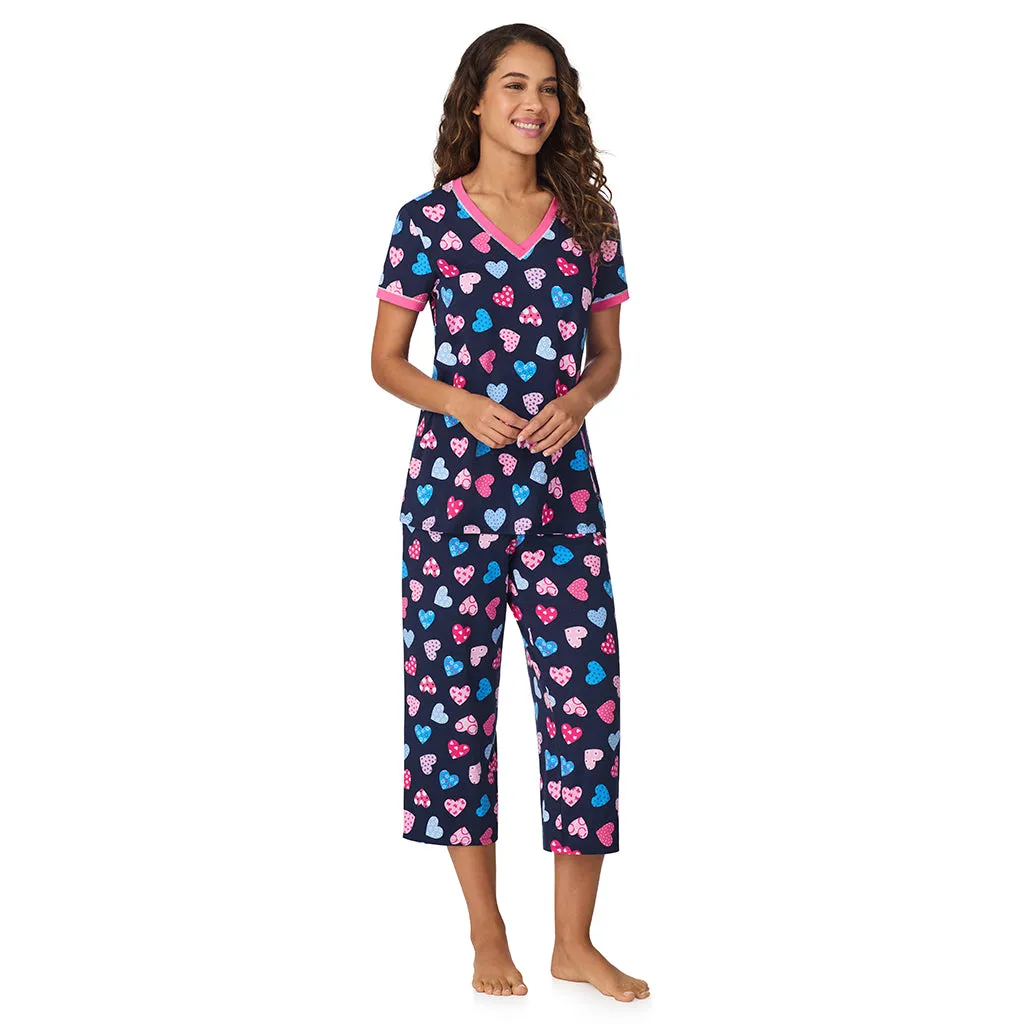 Cotton-Blend Short Sleeve Top with Cropped Pant 2-Pc Pajama Set