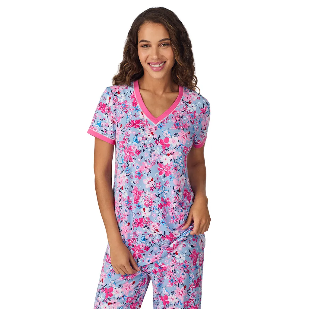 Cotton-Blend Short Sleeve Top with Cropped Pant 2-Pc Pajama Set