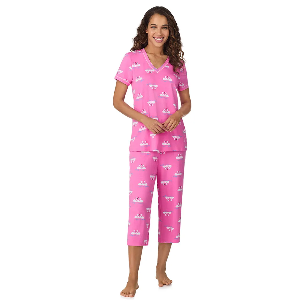 Cotton-Blend Short Sleeve Top with Cropped Pant 2-Pc Pajama Set