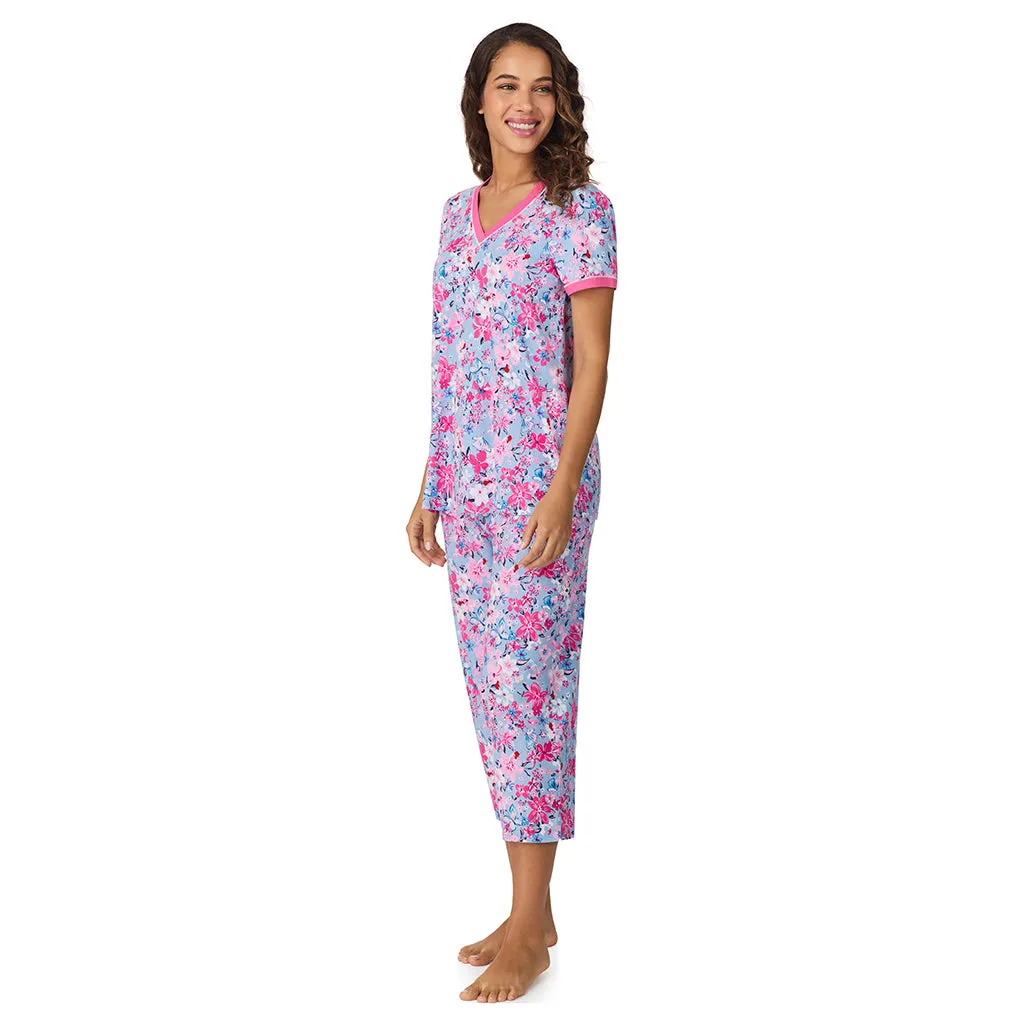 Cotton-Blend Short Sleeve Top with Cropped Pant 2-Pc Pajama Set