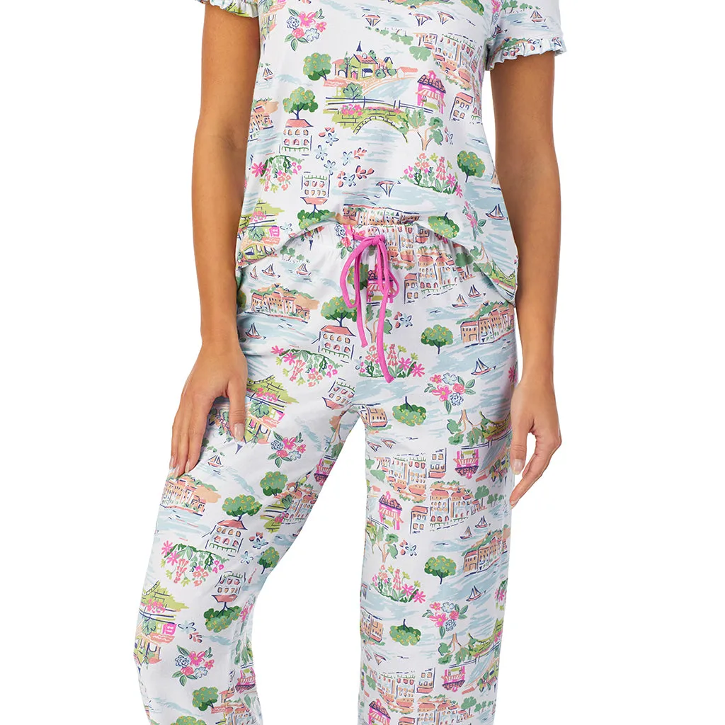 Cotton-Blend Short Sleeve Top with Cropped Pant 2-Pc Pajama Set