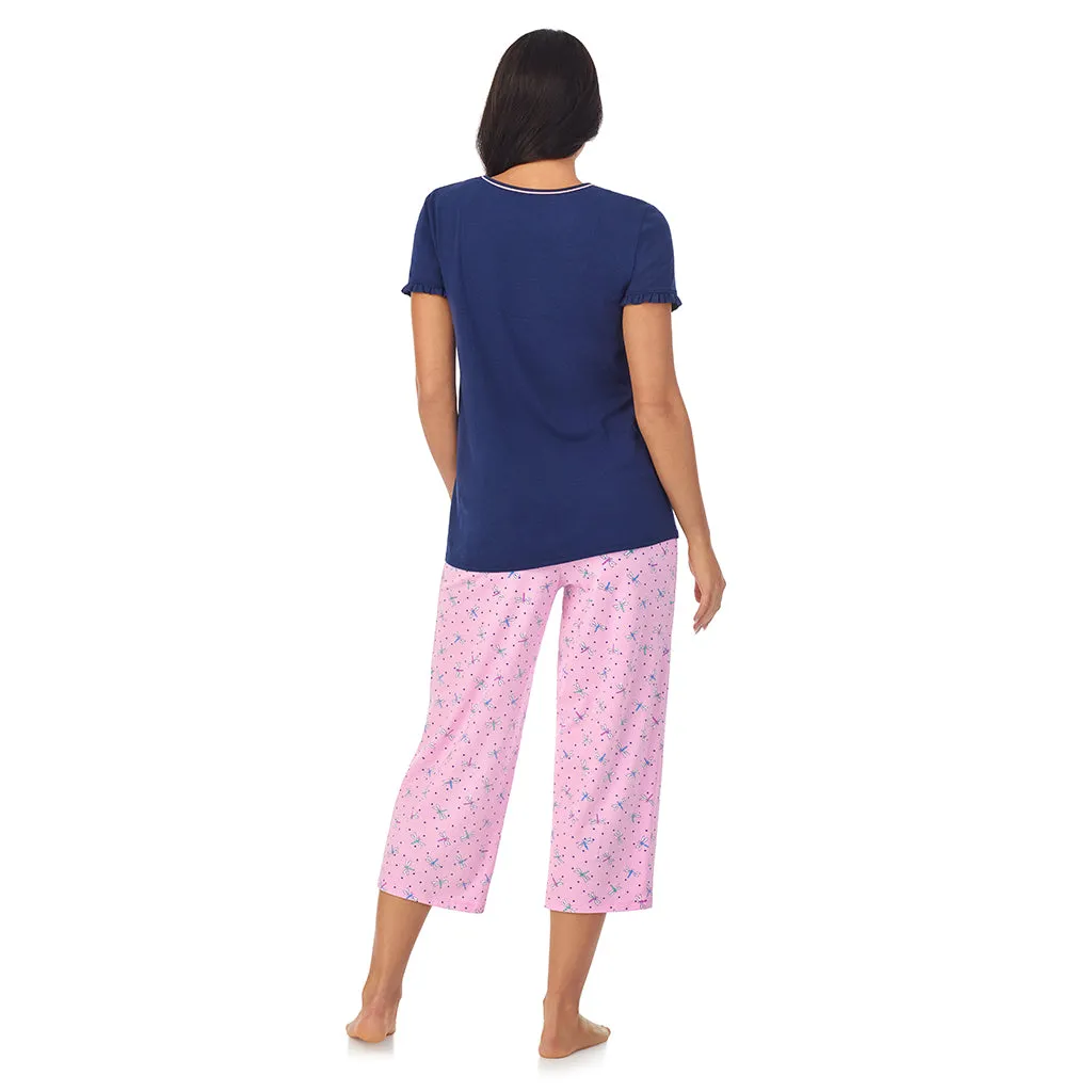 Cotton-Blend Short Sleeve Top with Cropped Pant 2-Pc Pajama Set