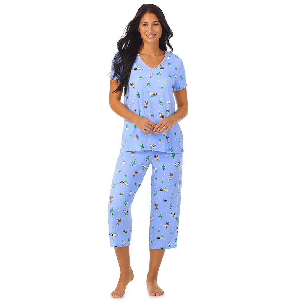 Cotton-Blend Short Sleeve Top with Cropped Pant 2-Pc Pajama Set