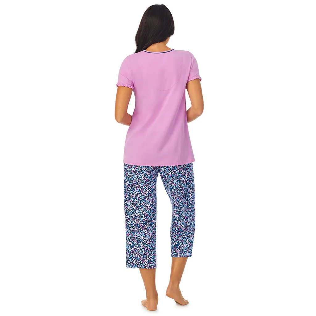 Cotton-Blend Short Sleeve Top with Cropped Pant 2-Pc Pajama Set