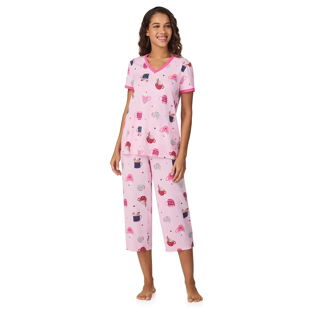 Cotton-Blend Short Sleeve Top with Cropped Pant 2-Pc Pajama Set