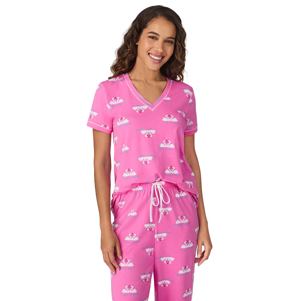 Cotton-Blend Short Sleeve Top with Cropped Pant 2-Pc Pajama Set