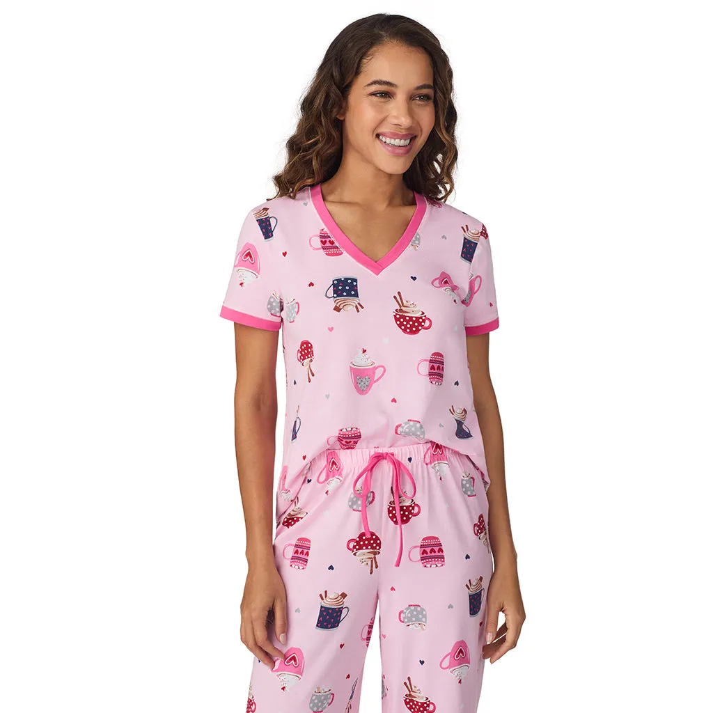 Cotton-Blend Short Sleeve Top with Cropped Pant 2-Pc Pajama Set