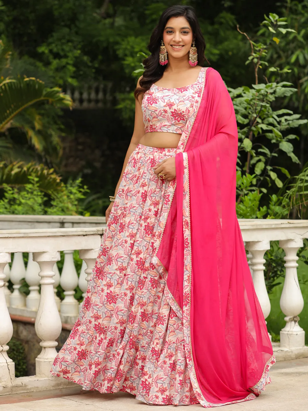 Cream & Pink Pure Cotton Floral Printed Tiered Lehenga Choli Set