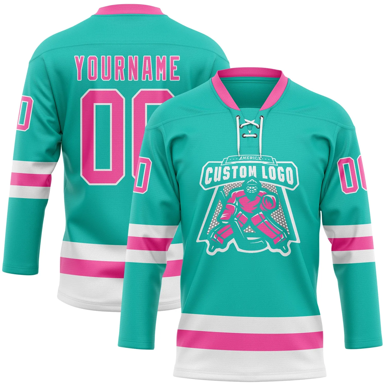 Custom Aqua Pink-White Hockey Lace Neck Jersey