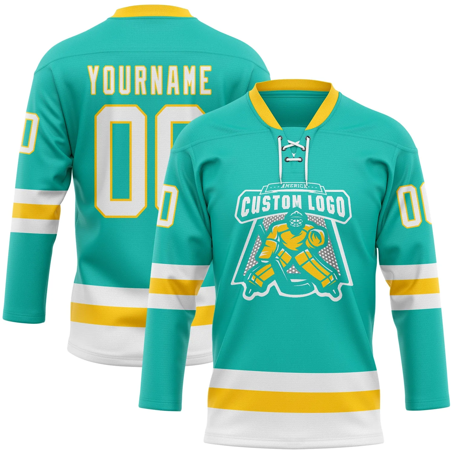 Custom Aqua White-Yellow Hockey Lace Neck Jersey