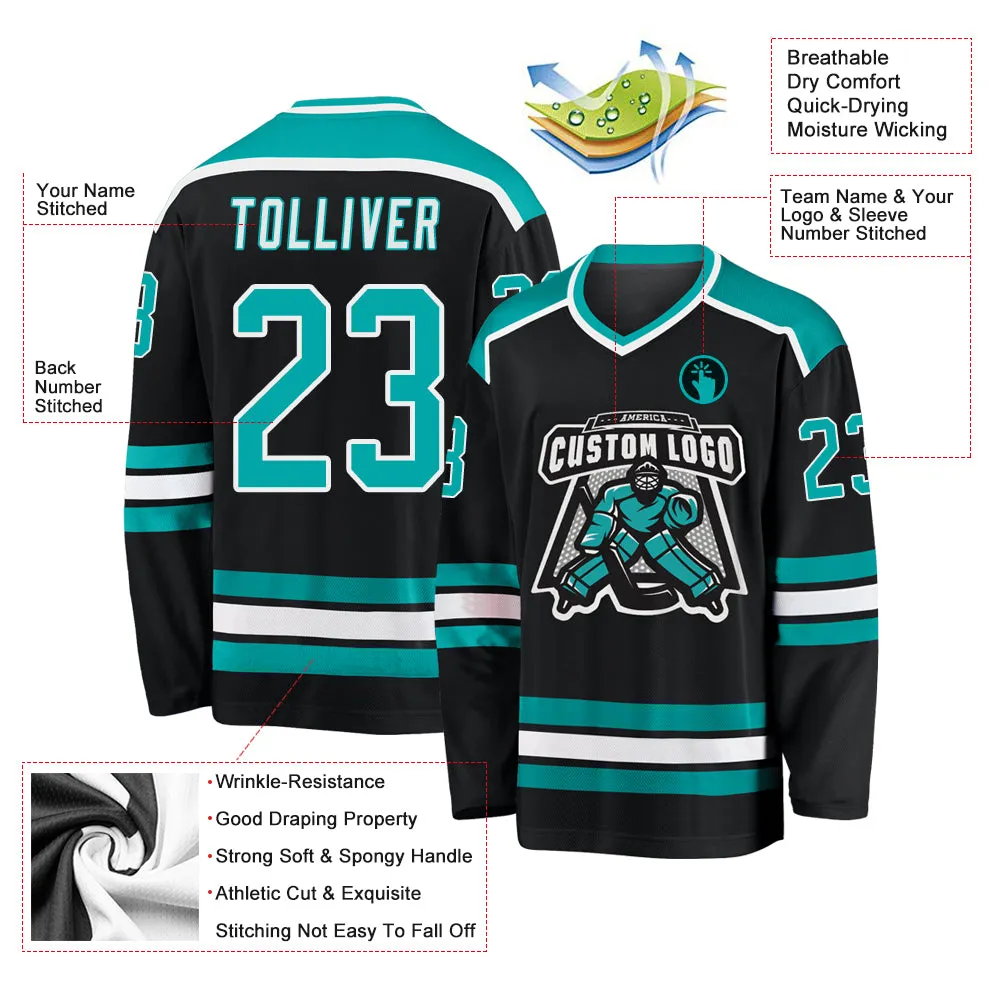 Custom Black Aqua-White Hockey Jersey