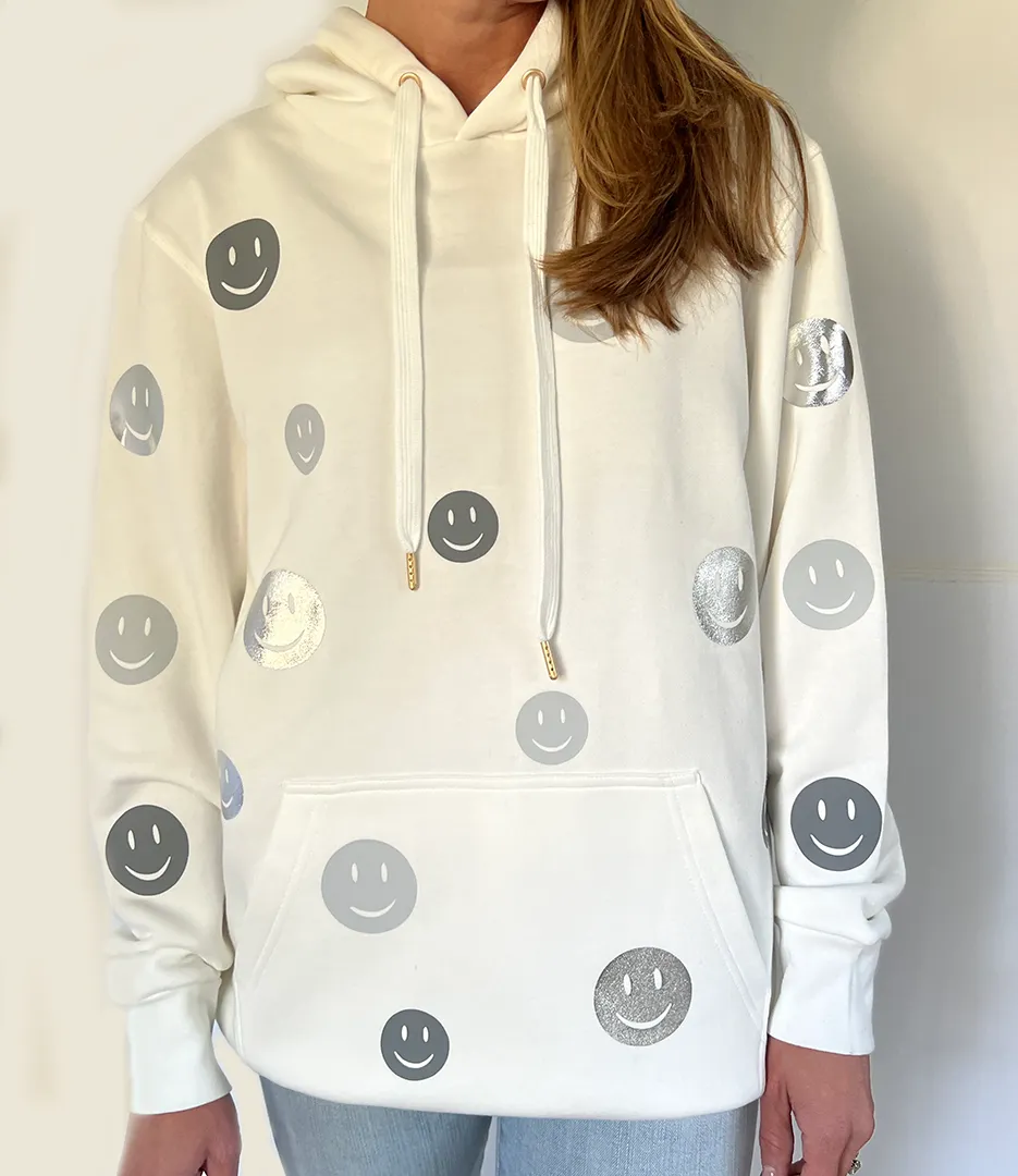 Dean Chic White Hoodie - Grey and Silver Foil Smileys