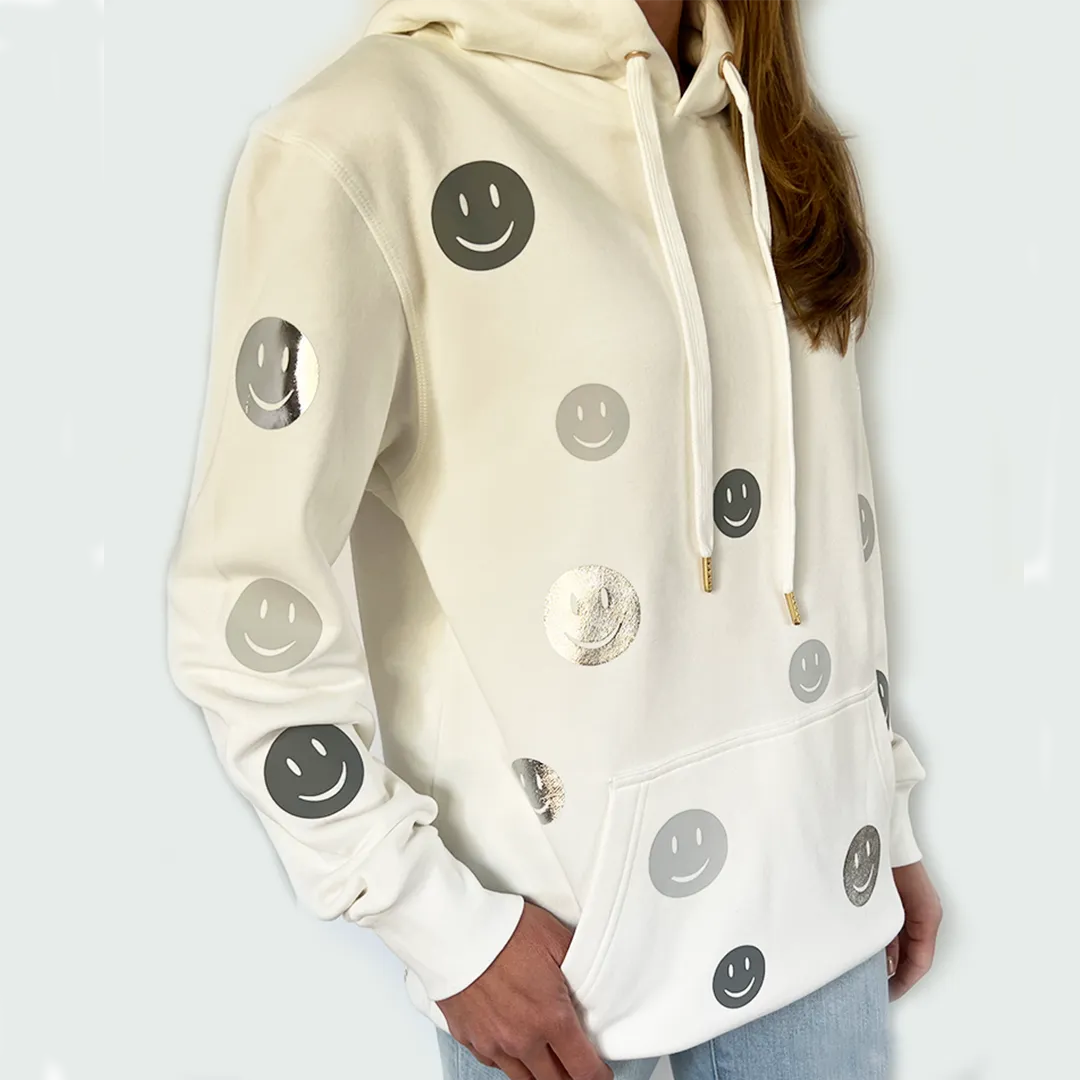 Dean Chic White Hoodie - Grey and Silver Foil Smileys