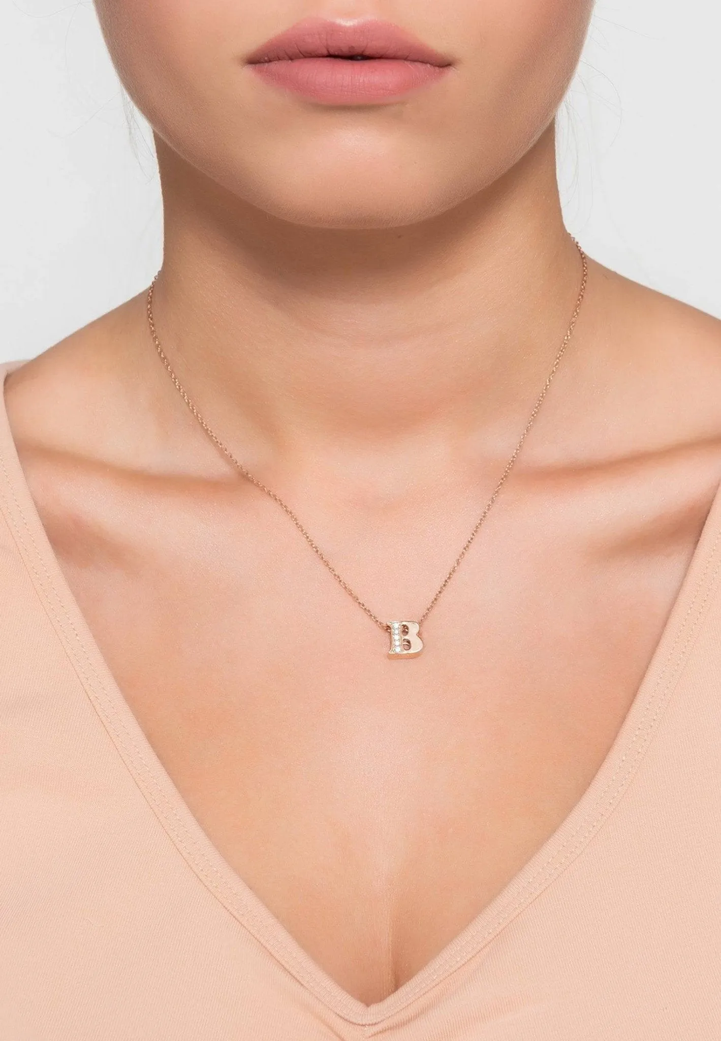 Diamond Initial Letter Pendant Necklace Rose Gold B