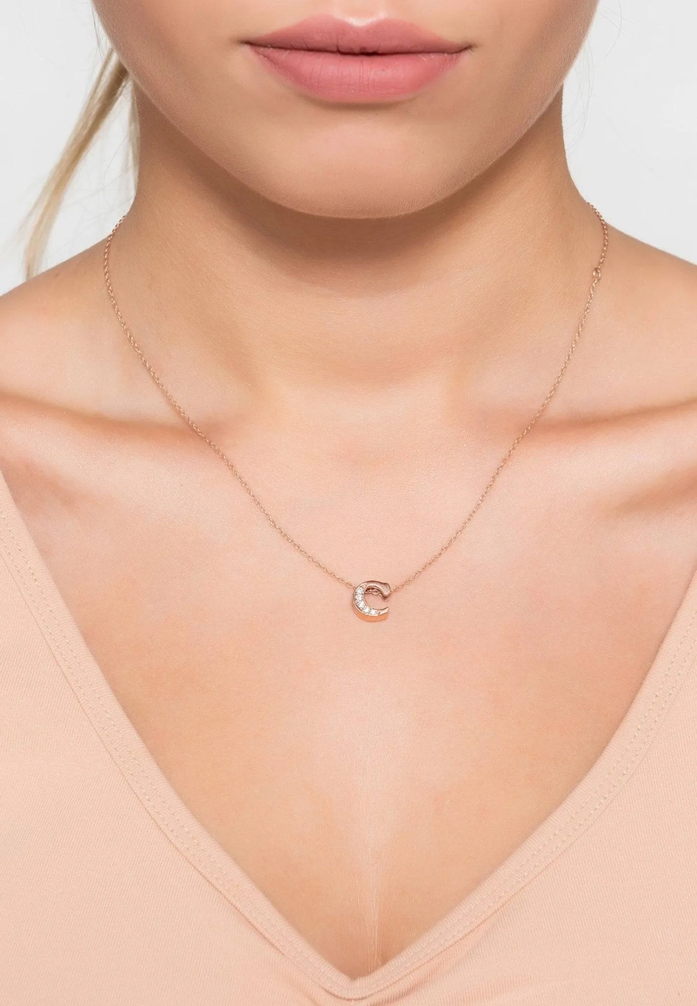 Diamond Initial Letter Pendant Necklace Rose Gold C