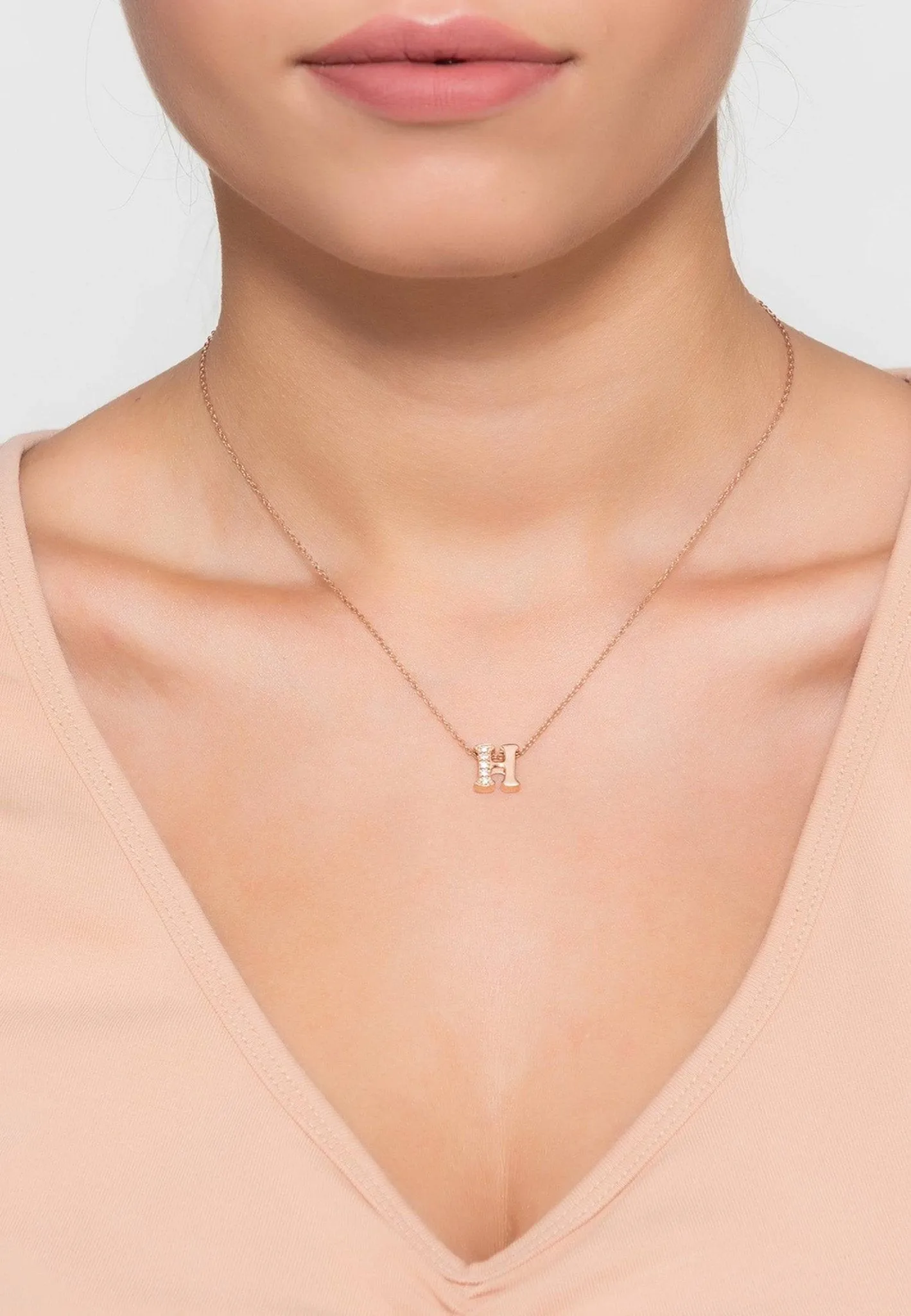 Diamond Initial Letter Pendant Necklace Rose Gold H