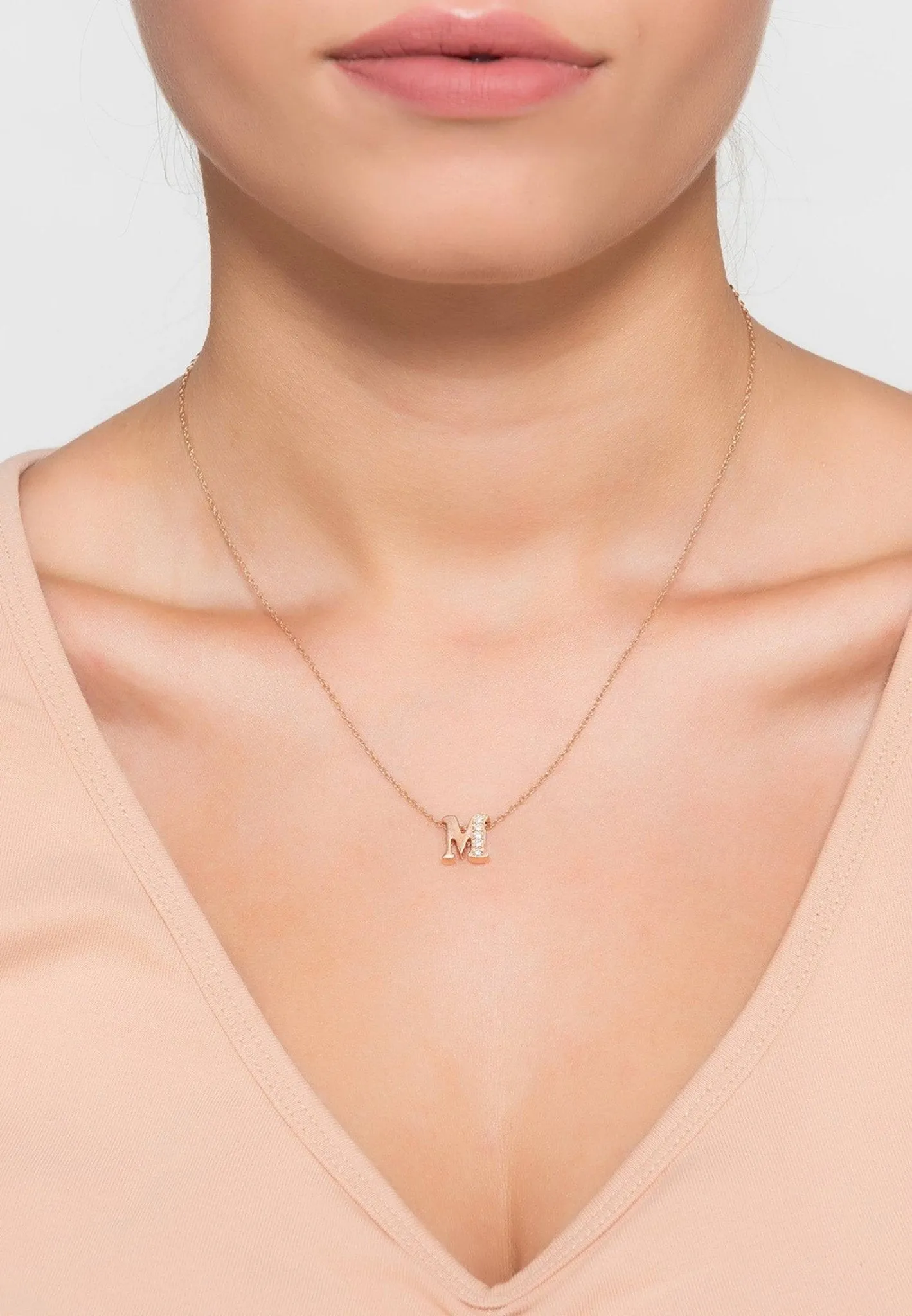 Diamond Initial Letter Pendant Necklace Rose Gold M