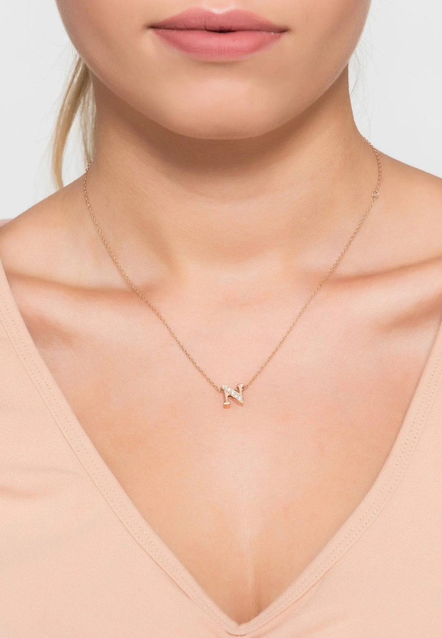 Diamond Initial Letter Pendant Necklace Rose Gold N