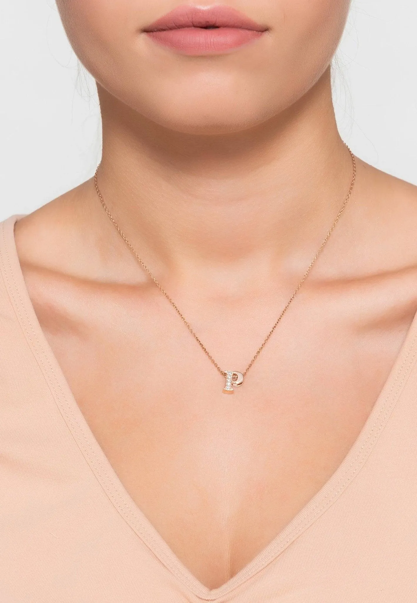 Diamond Initial Letter Pendant Necklace Rose Gold P