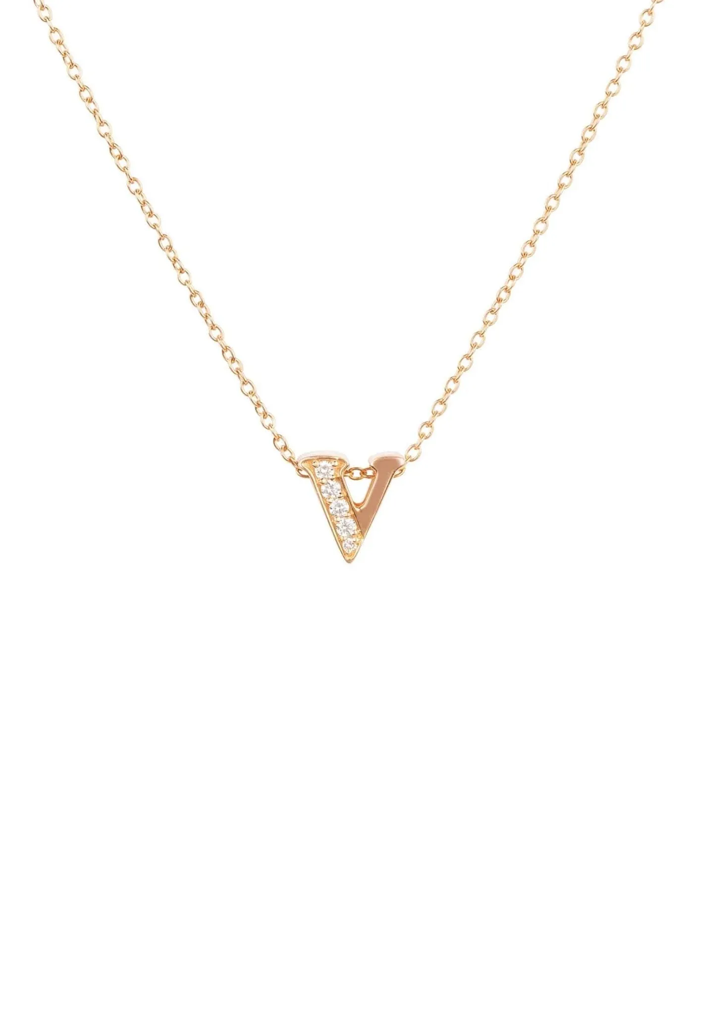 Diamond Initial Letter Pendant Necklace Rose Gold V