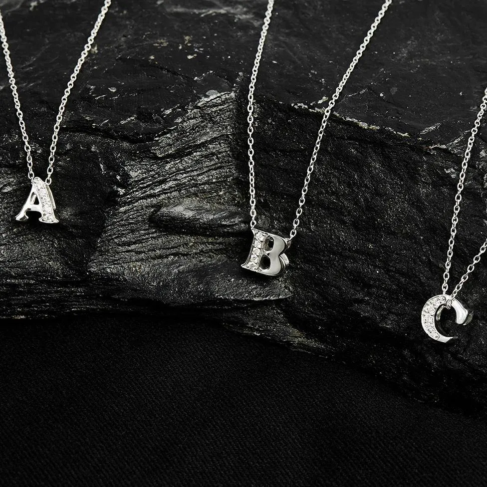 Diamond Initial Letter Pendant Necklace Silver A