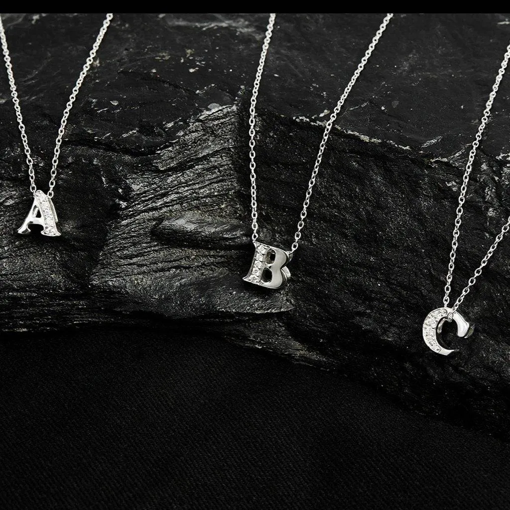 Diamond Initial Letter Pendant Necklace Silver B