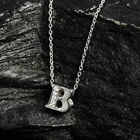 Diamond Initial Letter Pendant Necklace Silver B